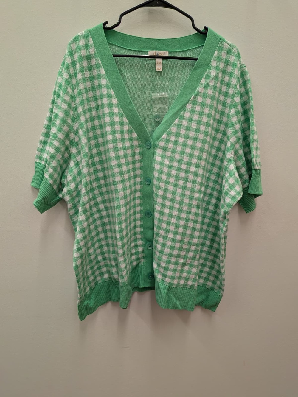 d&co Women's 3X Green White Gingham Cardigan Short Sleeve Button Sweater